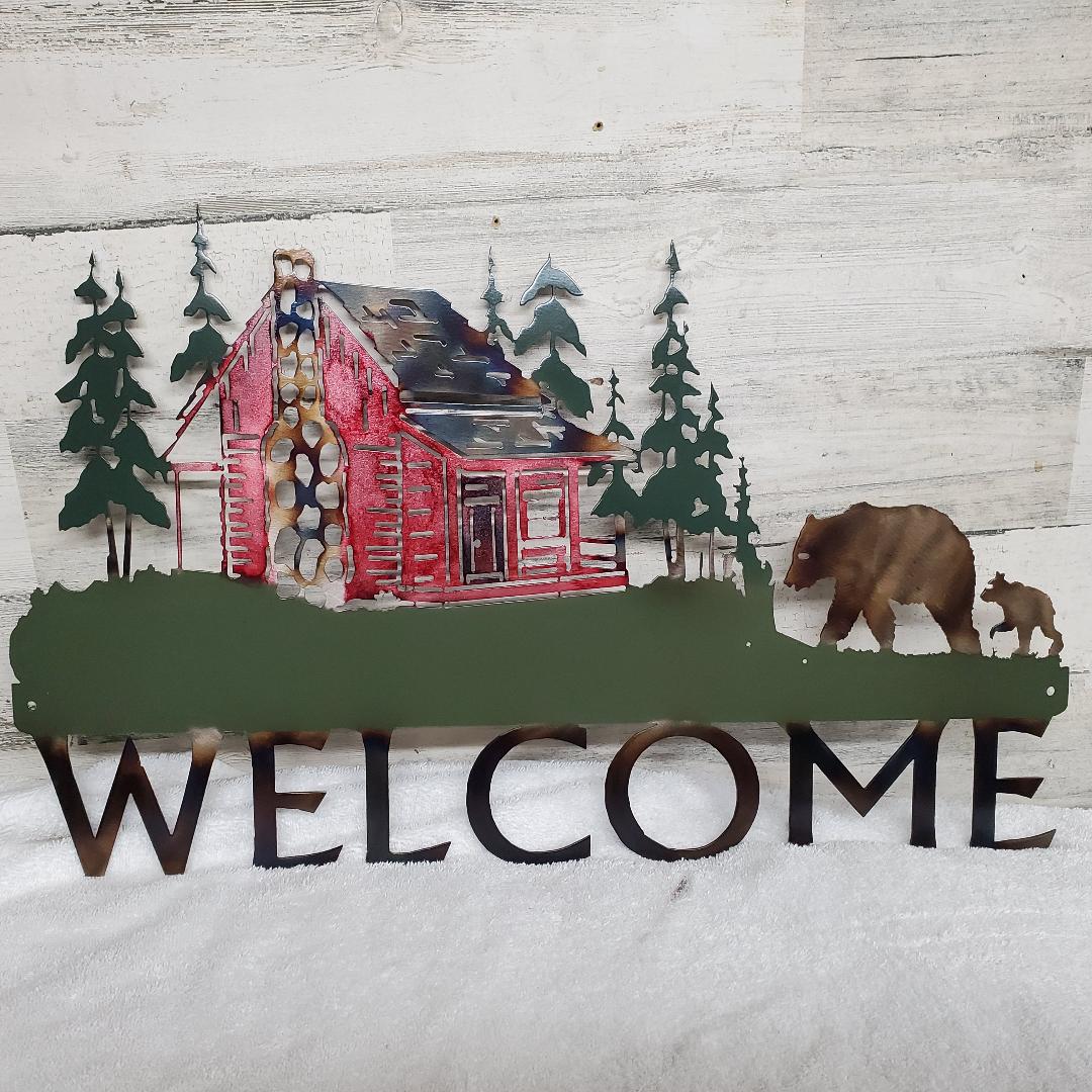 WELCOME METAL RED CABIN BEAR CUB SIGN RUSTIC DECOR HANDCRAFTED CHARM