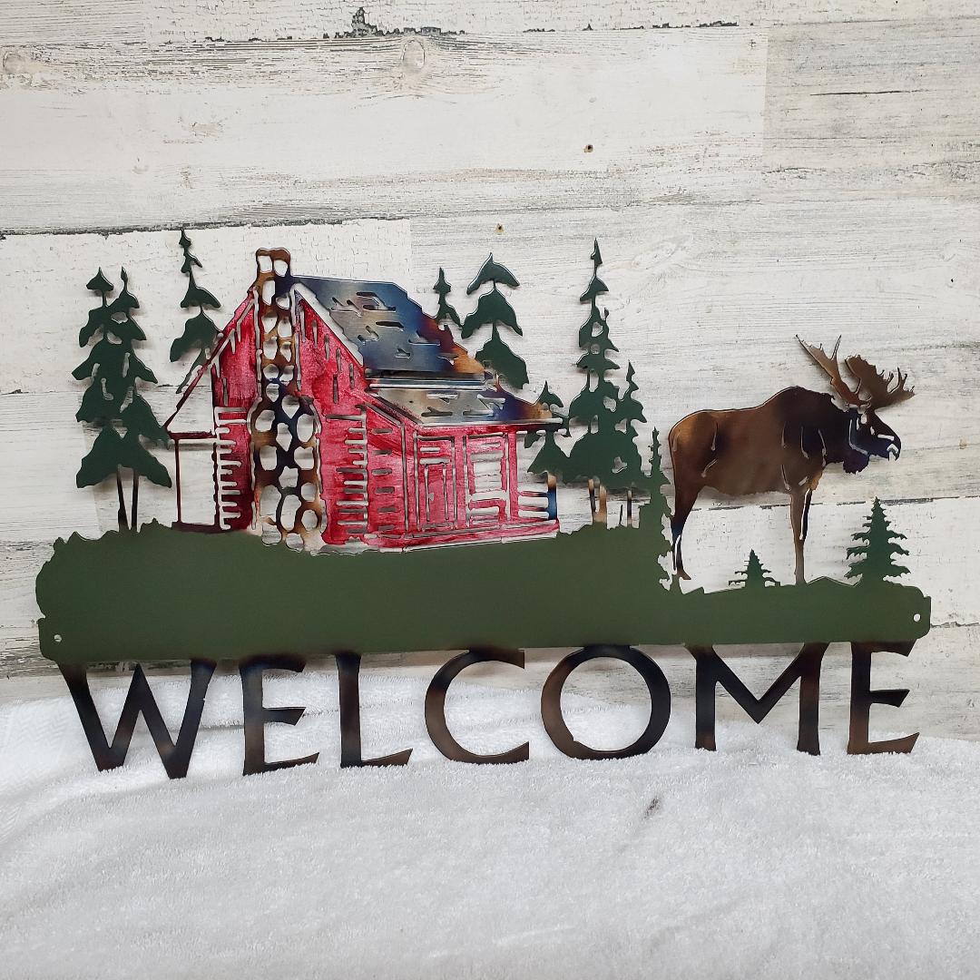 WELCOME HOME IN RUSTIC STYLE RED CABIN WITH MOOSE UNIQUE TIMELESS DECOR