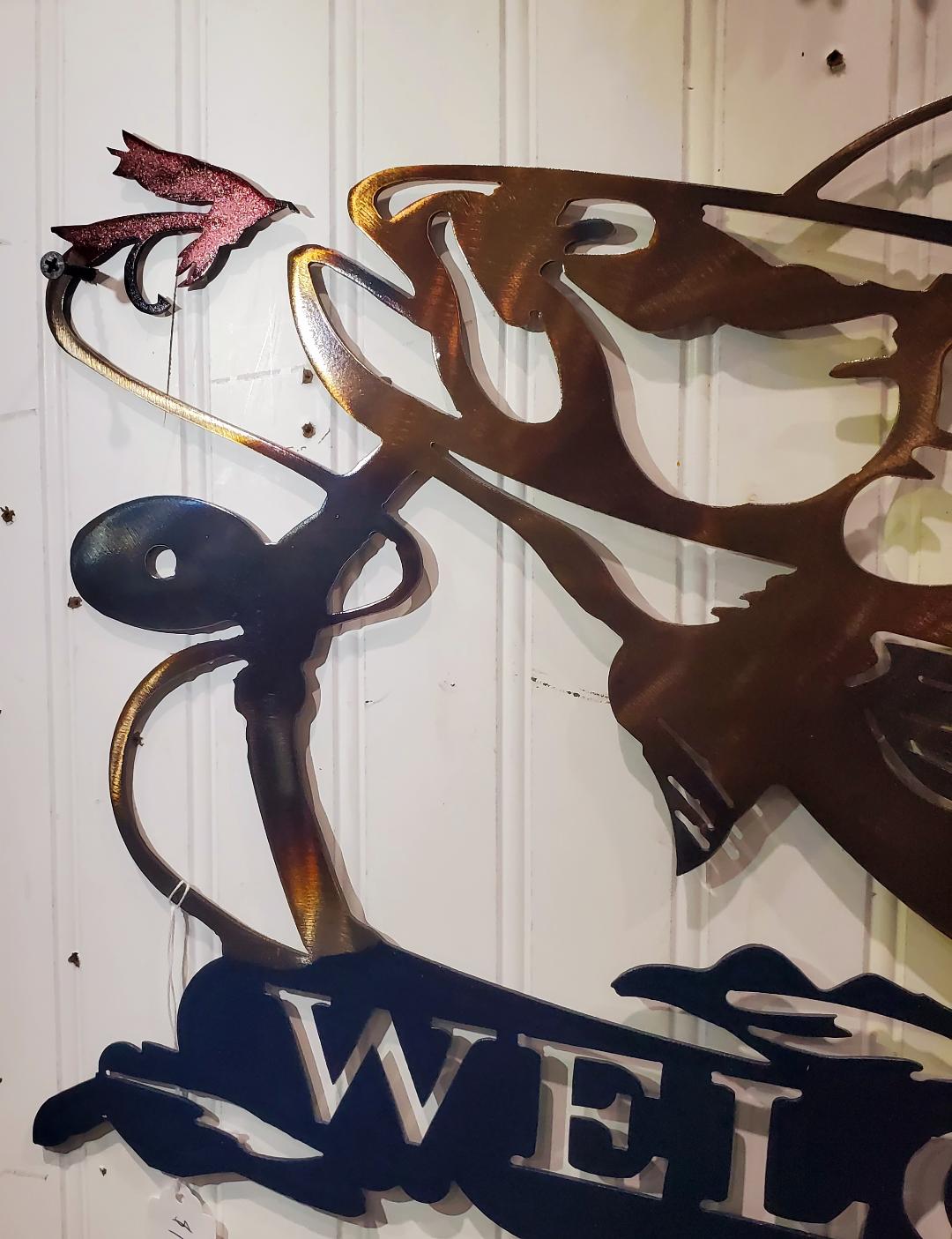 WELCOME ADVENTURE AWAITS STRIKING TROUT WITH RED FLY UNIQUE METAL SIGN