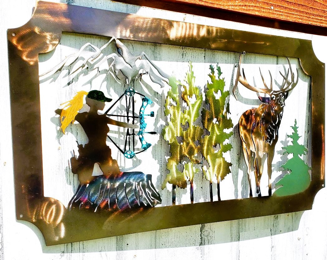 THE HUNTRESS LADY BOW HUNTER ELK RUSTIC METAL ART UNIQUE GIFT