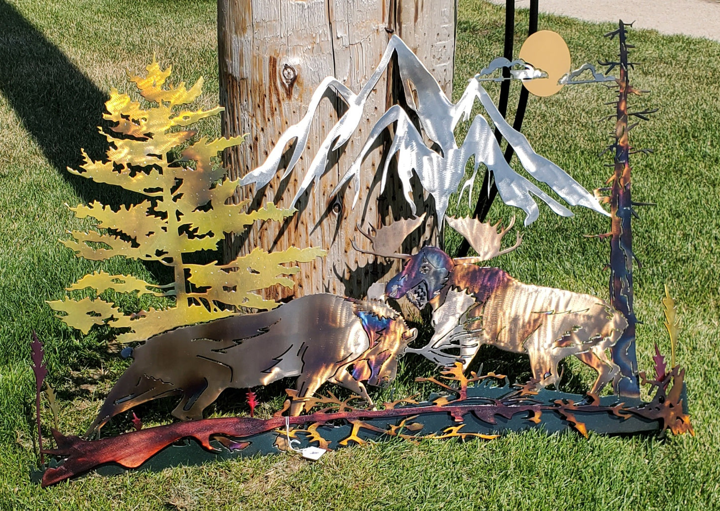 BULL MOOSE BATTLE LARGE METAL ART SCENE CABIN OUTDOOR METAL WALL ART 3D