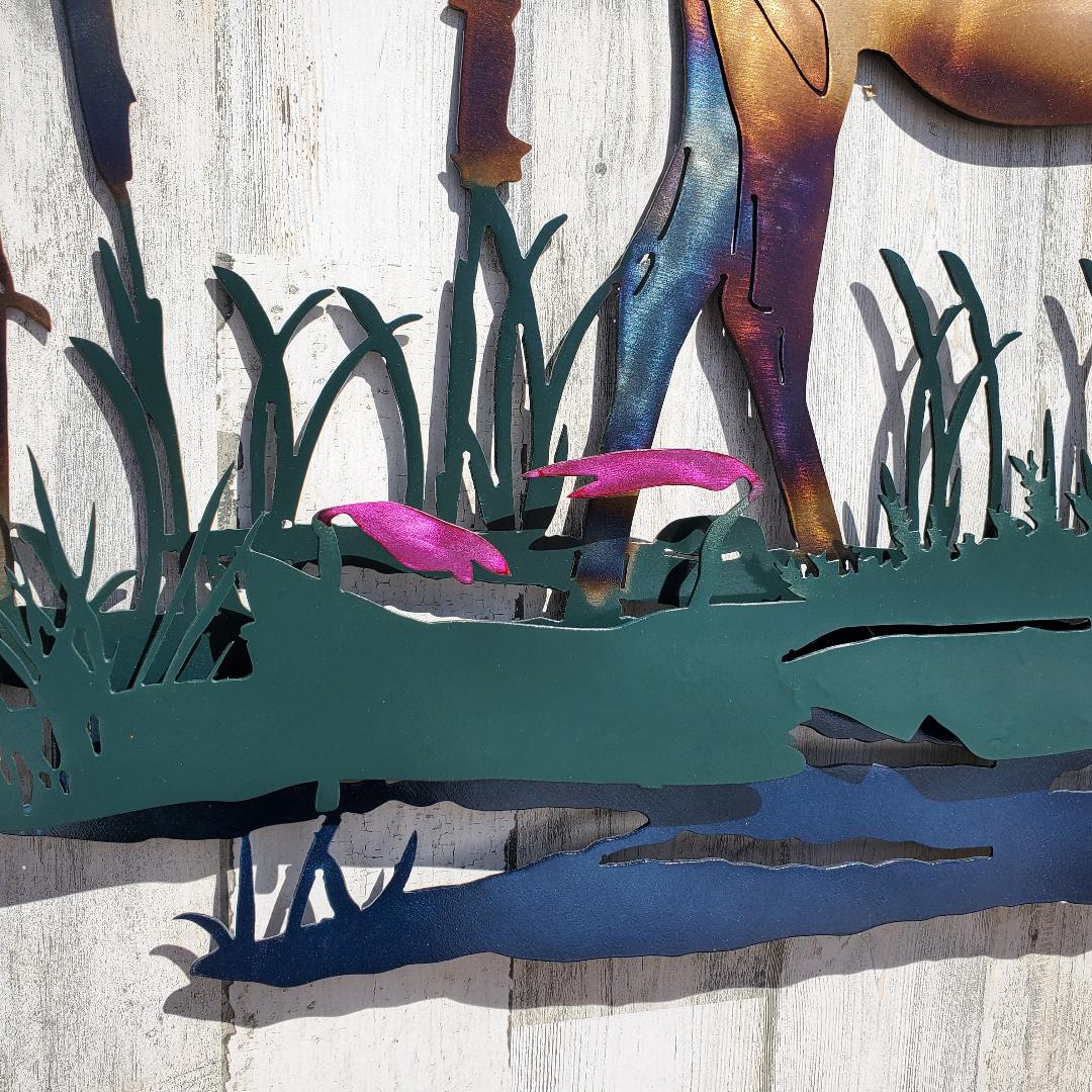 METAL RUSTIC Large Bull Moose and Cow Scene in Water with Cattails WILDERNESS Wall Art Cabin Decor