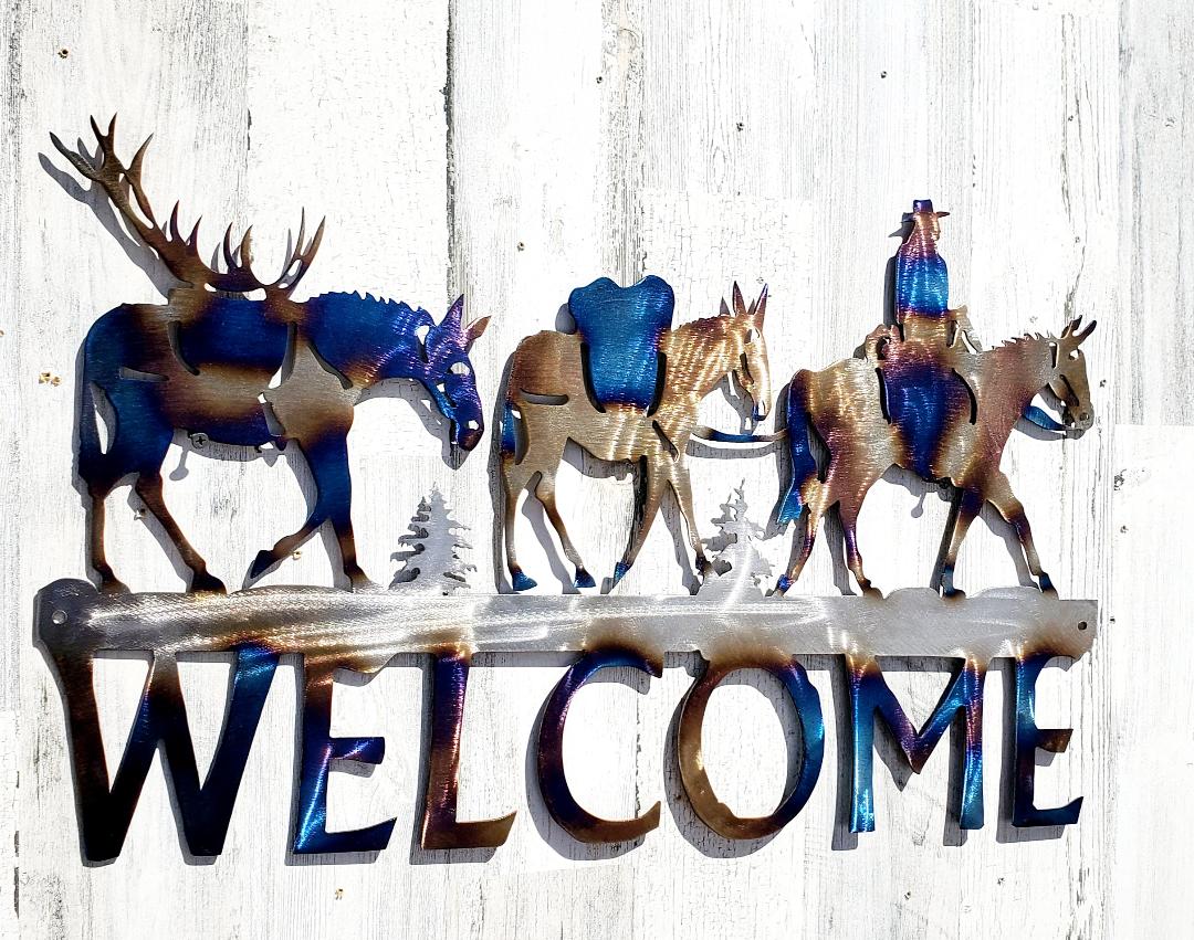 MULE PACK STRING WELCOME METAL RUSTIC SIGN WESTERN HUNTER CABIN DECOR