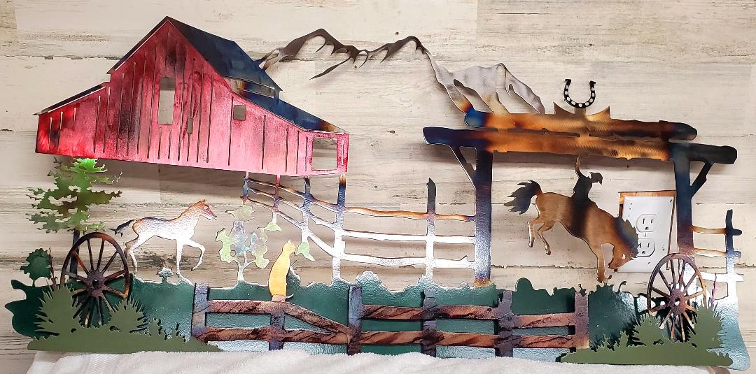 RED BARN BRONC WESTERN DECOR  UNIQUE 3D CAT ON FENCE COLT COWBOY  RUSTIC