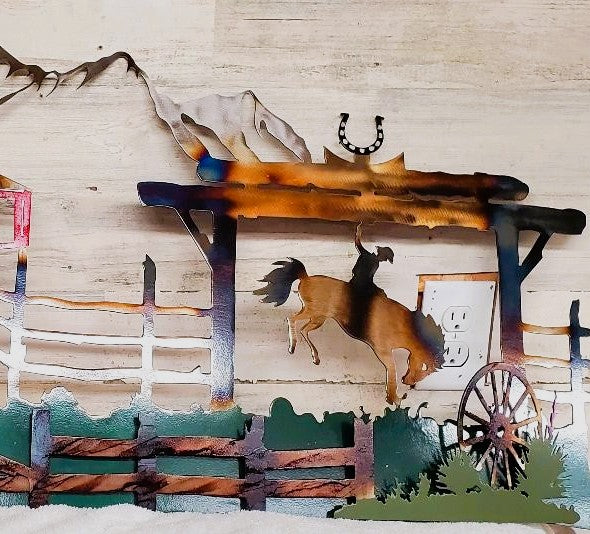 RED BARN BRONC WESTERN DECOR  UNIQUE 3D CAT ON FENCE COLT COWBOY  RUSTIC