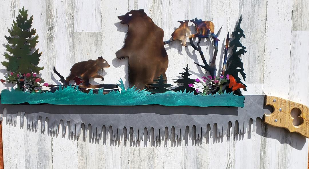 GRIZZLY BEAR CUBS IN TREE YELLOWSTONE 399 RUSTIC, CABIN, METAL HANDSAW WALL ART DECOR