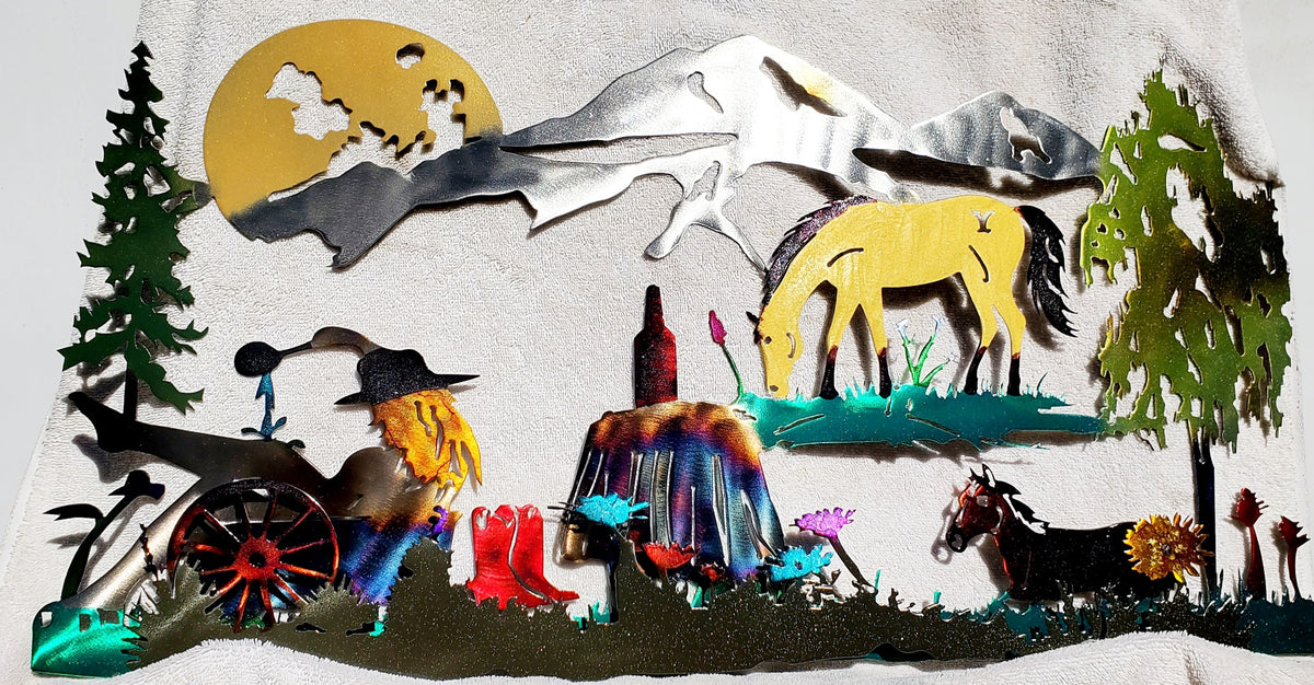 BETH IN YELLOWSTONE RUSTIC METAL WALL ART WILDFLOWERS WHISKEY HORSES MOUNTAINS &TREES