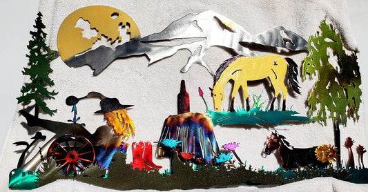 BETH IN YELLOWSTONE RUSTIC METAL WALL ART WILDFLOWERS WHISKEY HORSES MOUNTAINS &TREES