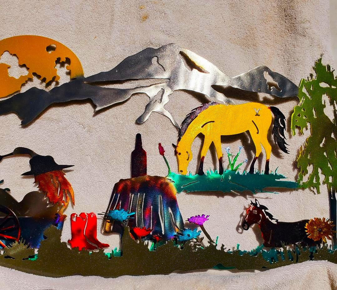 BETH IN YELLOWSTONE RUSTIC METAL WALL ART WILDFLOWERS WHISKEY HORSES MOUNTAINS &TREES