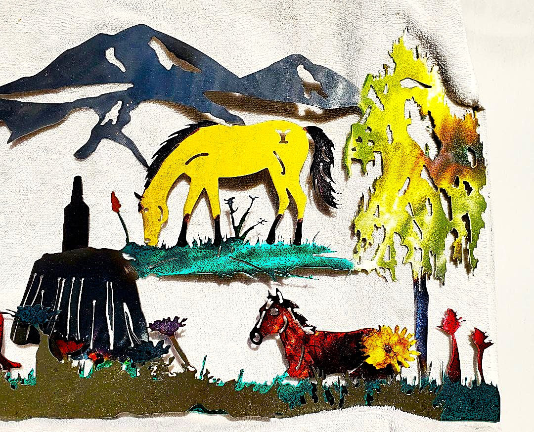 BETH IN YELLOWSTONE RUSTIC METAL WALL ART WILDFLOWERS WHISKEY HORSES MOUNTAINS &TREES