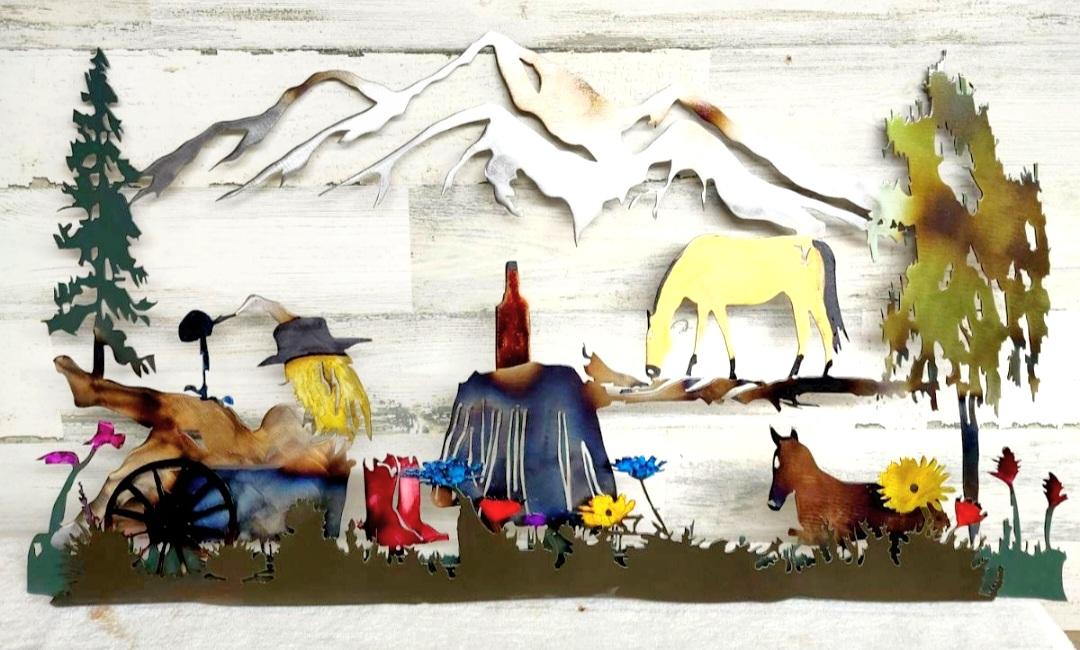 BETH IN YELLOWSTONE RUSTIC METAL WALL ART WILDFLOWERS WHISKEY HORSES MOUNTAINS &TREES