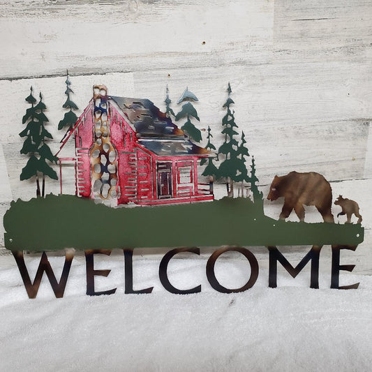 WELCOME METAL RED CABIN BEAR CUB SIGN RUSTIC DECOR HANDCRAFTED CHARM