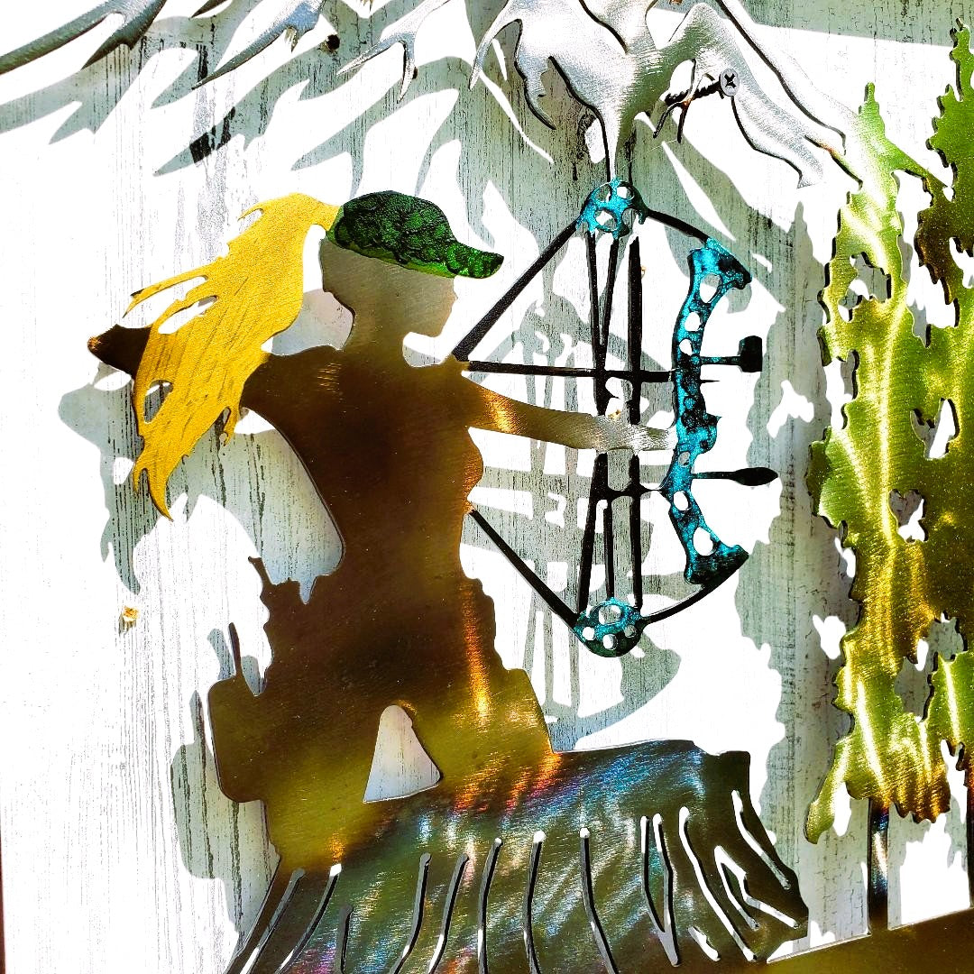 THE HUNTRESS LADY BOW HUNTER ELK RUSTIC METAL ART UNIQUE GIFT