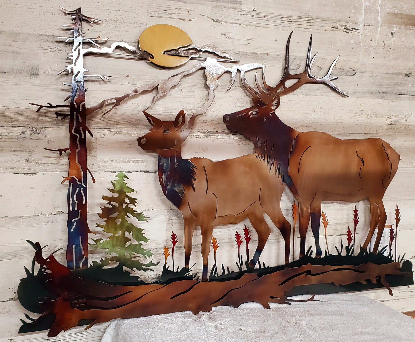 BULL ELK METAL WALL SCENE UNIQUE LARGE RUSTIC METAL ART WILDERNESS DECOR