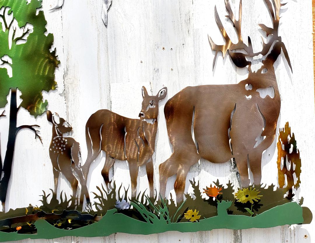 CANADIAN LYNX MULE DEER BUCK DOE FAWN TREES HUNTER METAL WALL CABIN HOME LODGE DECOR ART