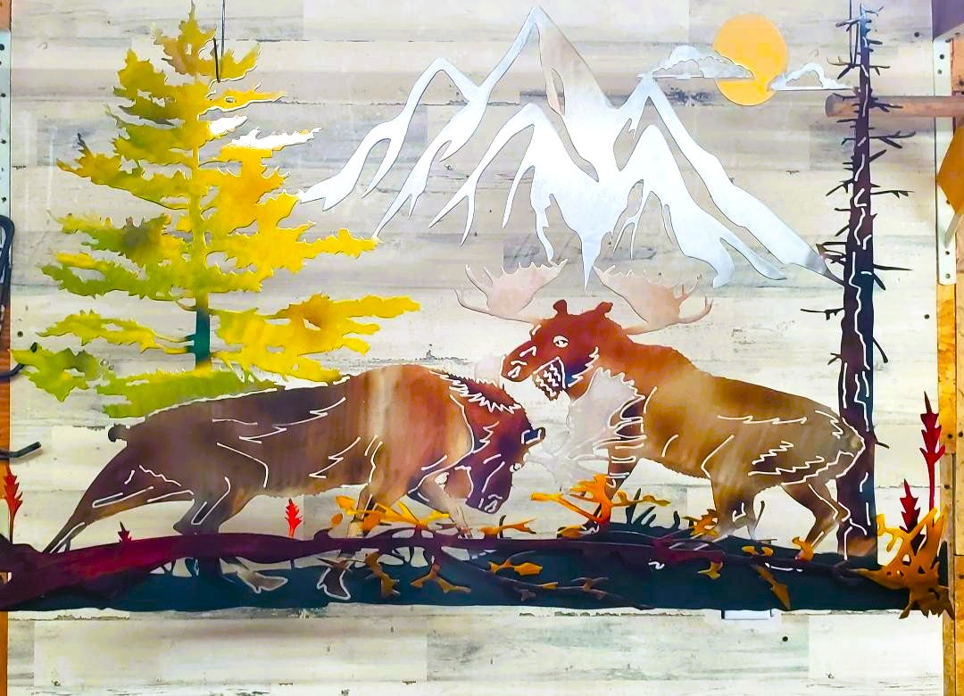 BULL MOOSE BATTLE LARGE METAL ART SCENE CABIN OUTDOOR METAL WALL ART 3D