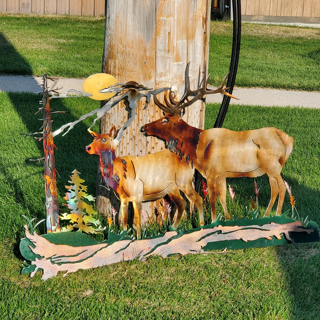 BULL ELK METAL WALL SCENE UNIQUE LARGE RUSTIC METAL ART WILDERNESS DECOR