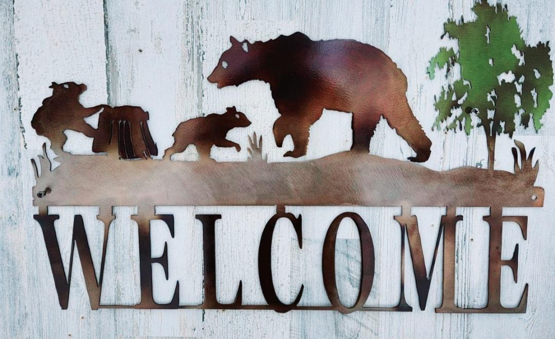 BEAR AND CUBS WELCOME SIGN METAL  RUSTIC WILDERNESS CABIN DECOR