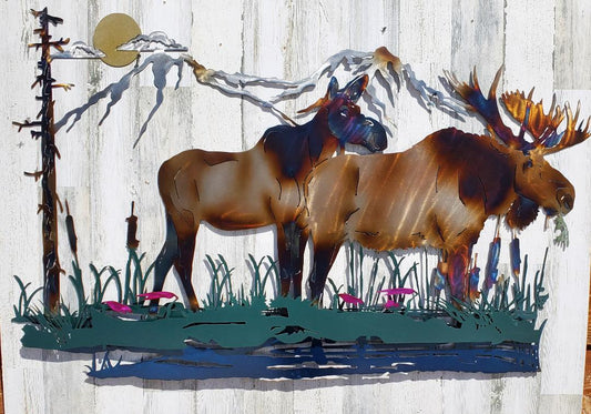 Large Bull Moose and Cow Scene in Water with Cattails Rustic Wall Art Cabin Decor