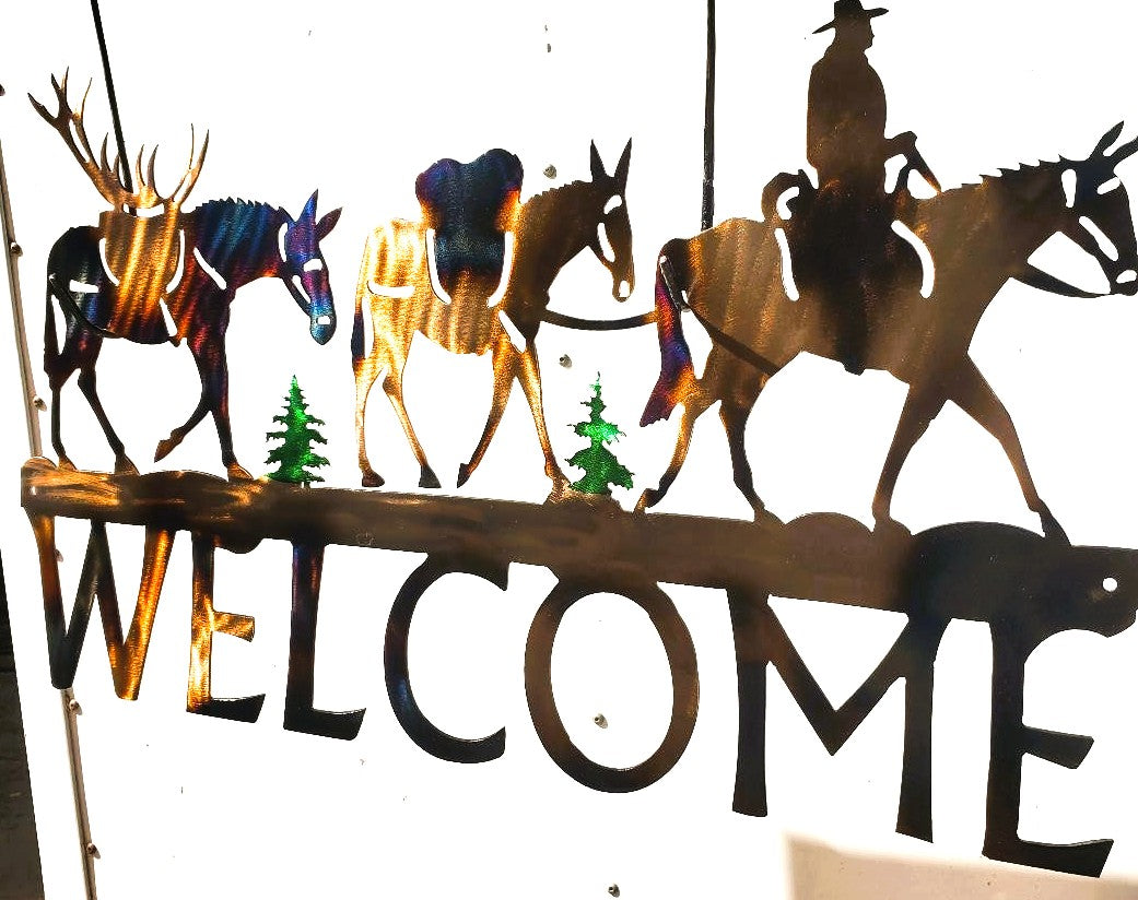 ELK HUNTER MULE PACK STRING COWBOY WELCOME METAL RUSTIC SIGN WESTERN CABIN DECOR