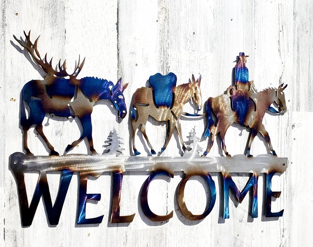 MULE PACK STRING WELCOME METAL RUSTIC SIGN WESTERN HUNTER  CABIN DECOR