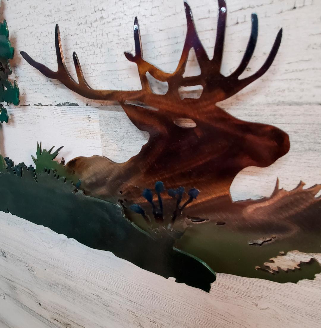 BULL ELK BUGLING IN GRANDE TETON PARK WITH TREES AND MOUNTAINS SCENE METAL ART