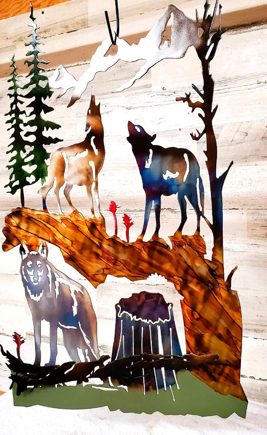 WOLF PACK DEN MOUNTAIN REALISTIC METAL UNIQUE CABIN RUSTIC WALL ART SCENE