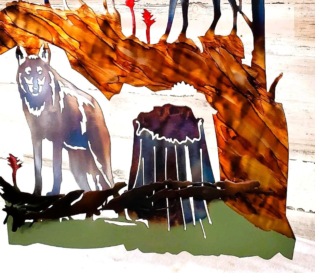 WOLF PACK DEN MOUNTAIN REALISTIC METAL UNIQUE CABIN RUSTIC WALL ART SCENE