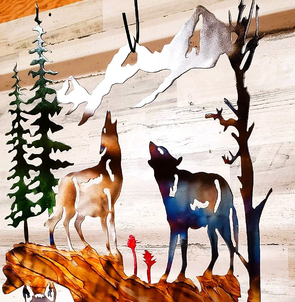 WOLF PACK DEN MOUNTAIN REALISTIC METAL UNIQUE CABIN RUSTIC WALL ART SCENE