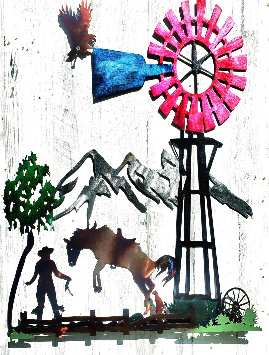 SUNSET BRONC..COWGIRL RODEO CAT RED WINDMILL MOUNTAIN SCENE RUCTIC UNIQUE METAL WALL ART