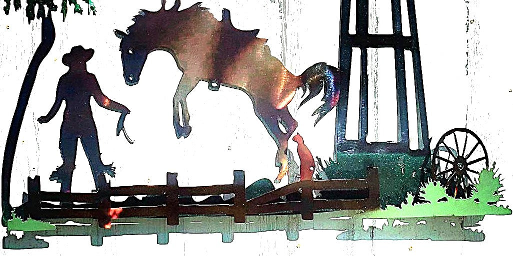 SUNSET BRONC..COWGIRL RODEO CAT RED WINDMILL MOUNTAIN SCENE RUCTIC UNIQUE METAL WALL ART