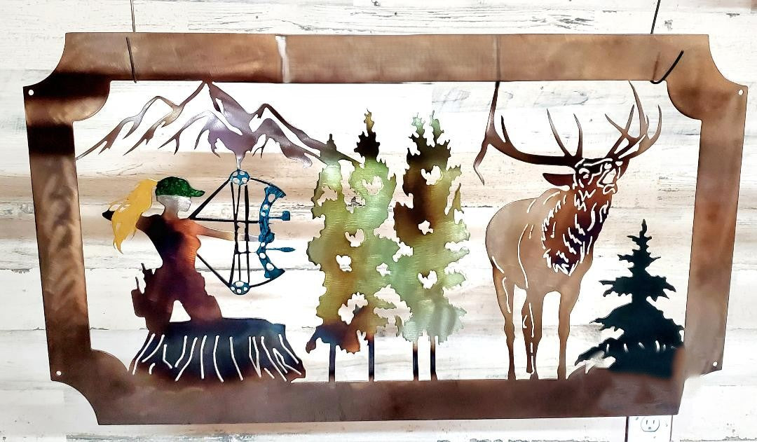 THE HUNTRESS LADY BOW HUNTER ELK RUSTIC METAL ART UNIQUE GIFT