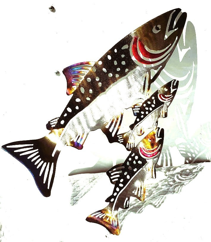 TRIPLE RAINBOW TROUT SCENE WALL ART UNIQUE RUSTIC ANGLER CABIN DECOR