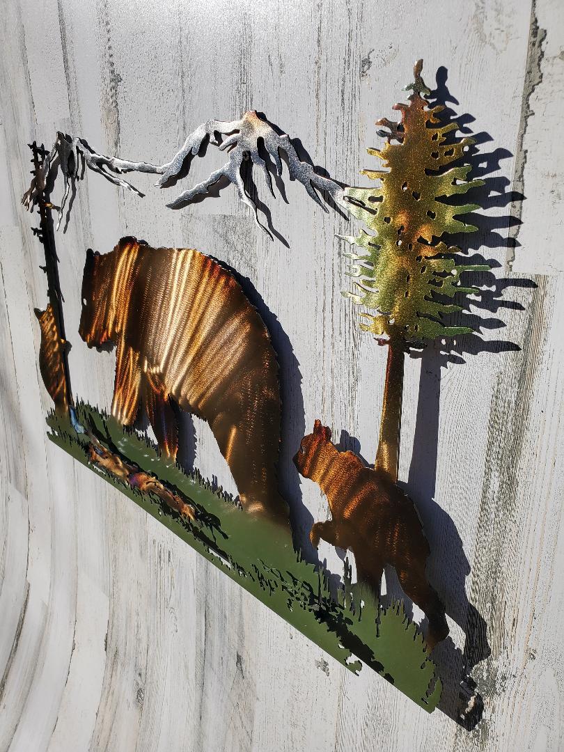 GRIZZLY BEAR & CUBS MOUNTAIN SCENE RUSTIC WALL ART DECOR