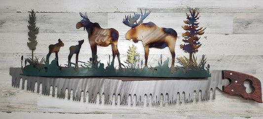 BULL MOOSE FAMILY WITH TWINS HANDSAW RUSTIC CABIN DECOR WALL ART