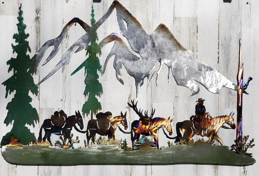 MULE PACK STRING ELK MOUNTAINS TREES METAL RUSTIC HUNTING CABIN WALL A ...