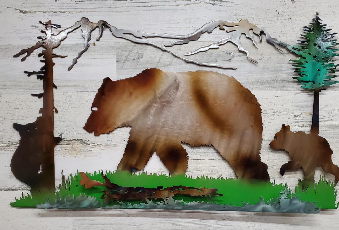 GRIZZLY BEAR & CUBS MOUNTAIN SCENE RUSTIC WALL ART DECOR