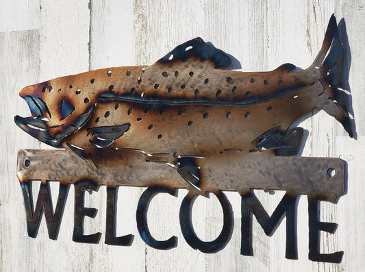 TROUT WELCOME SIGN CABIN DECOR RUSTIC METAL ART FISHING OUTDOORS