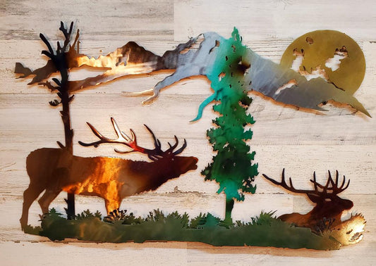 BULL ELK BUGLING IN GRANDE TETON PARK WITH TREES AND MOUNTAINS SCENE METAL ART