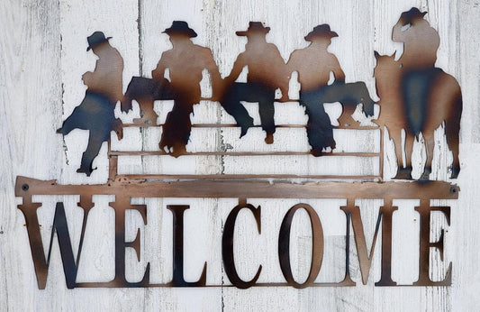 COWBOY SITTING TAKING A BREAK WELCOME METAL RODEO WESTERN RUSTIC DECOR